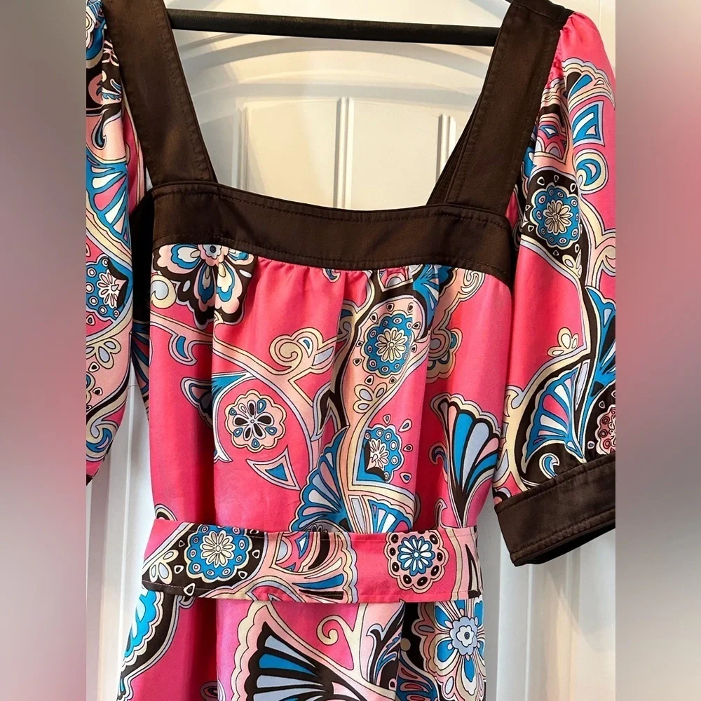 Banana Republic Pink and Blue Paisley Square Neck Dress with Tie Size Small